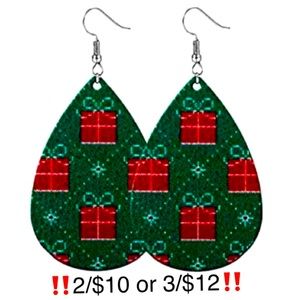 Christmas Present Earrings Red Green Faux Leather Dangling Holiday Gift Earrings